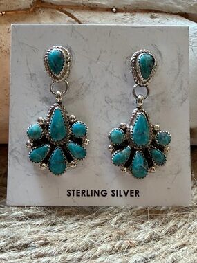 Zuni Alicia W Sterling Silver Turquoise Drop Earrings - Blue Teardrop Cluster